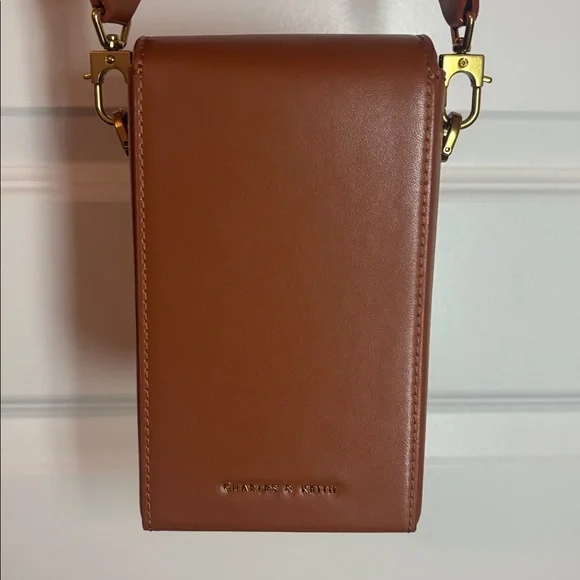 Charles & Keith Tan Brown Leather elongated Crossbody Bag magnetic closure - Picture 2 of 16